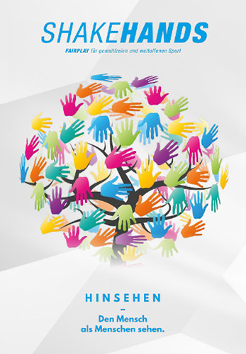 Cover von SHAKEHANDS Magazin 13, bunt illustriert mit vielen Händen, die ein Herz formen, Schlagzeile 'Hinsehen – Den Menschen als Menschen sehen.'