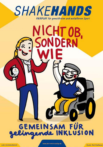 Cover von SHAKEHANDS Magazin 9 in Gelb mit Cartoons von Menschen mit Behinderungen, Schlagzeile 'Nicht ob, sondern wie – Gemeinsam für begeisternde Inklusion.'